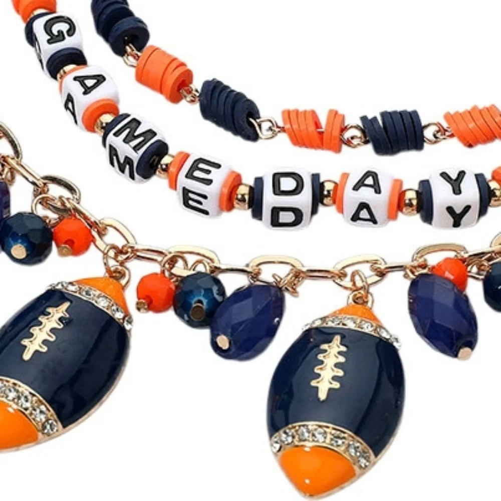 Navy Orange GAME DAY Football Dangle Charms Heishi Beaded Layered Purse Chain